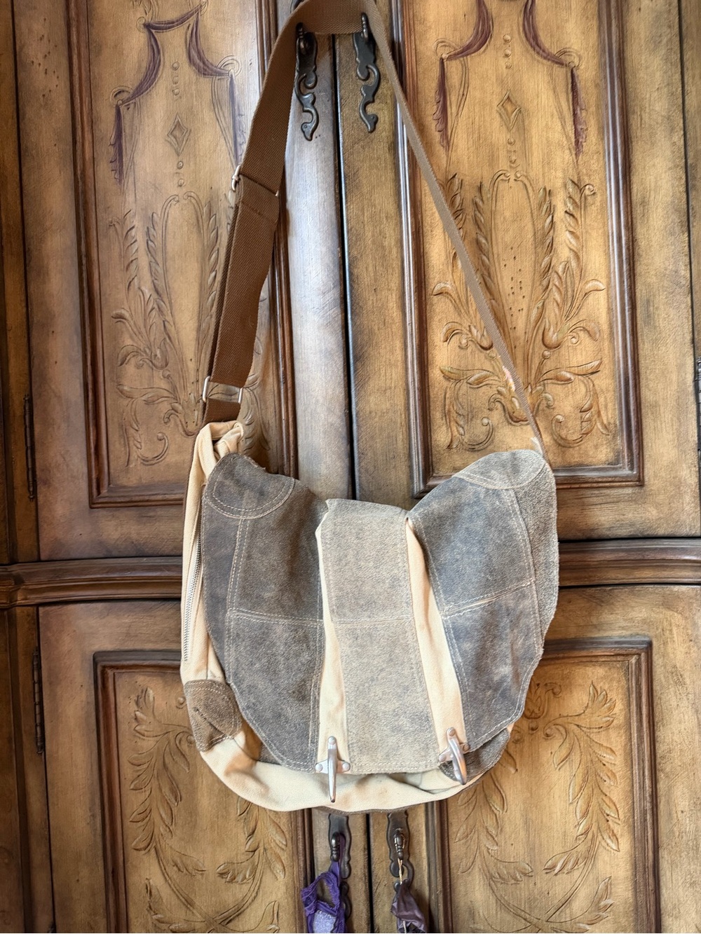 Timberland Brown and Tan Suede Canvas Crossbody Bag